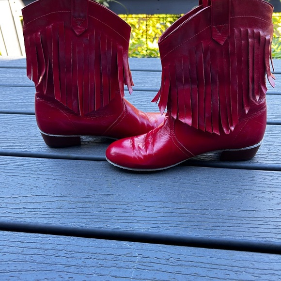 Cherry Red Vintage Fringe Cowboy Boots - Picture 2 of 14